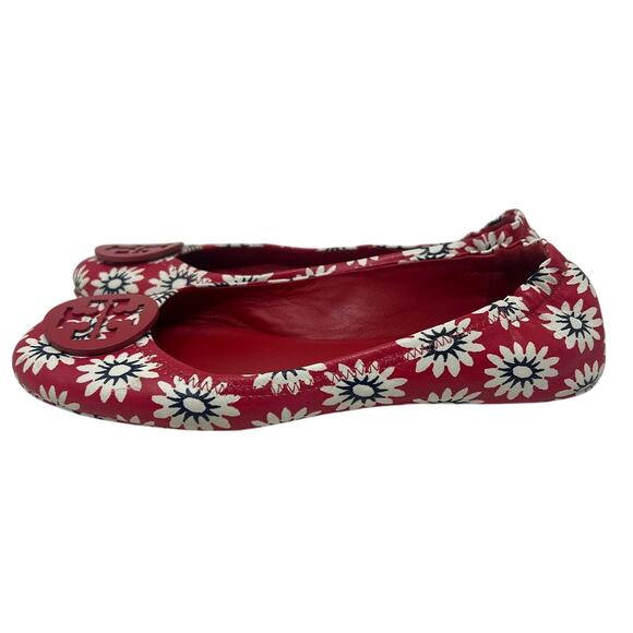 Tory Burch Minnie Leather Red Floral Ballet Flats 9.5 - Picture 5 of 7